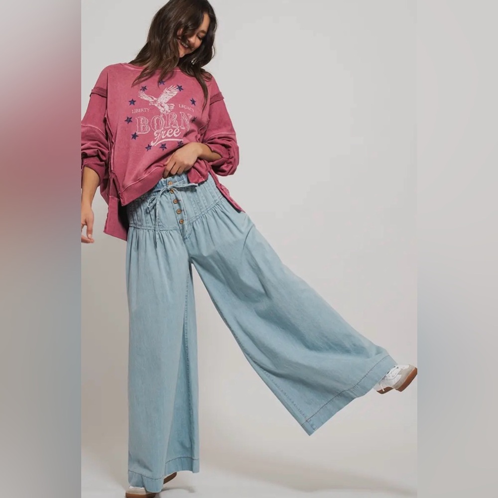 Urban Daizy Pintuck Wide Leg Jeans Light Wash Drawstring NWT Size L - Picture 6 of 9